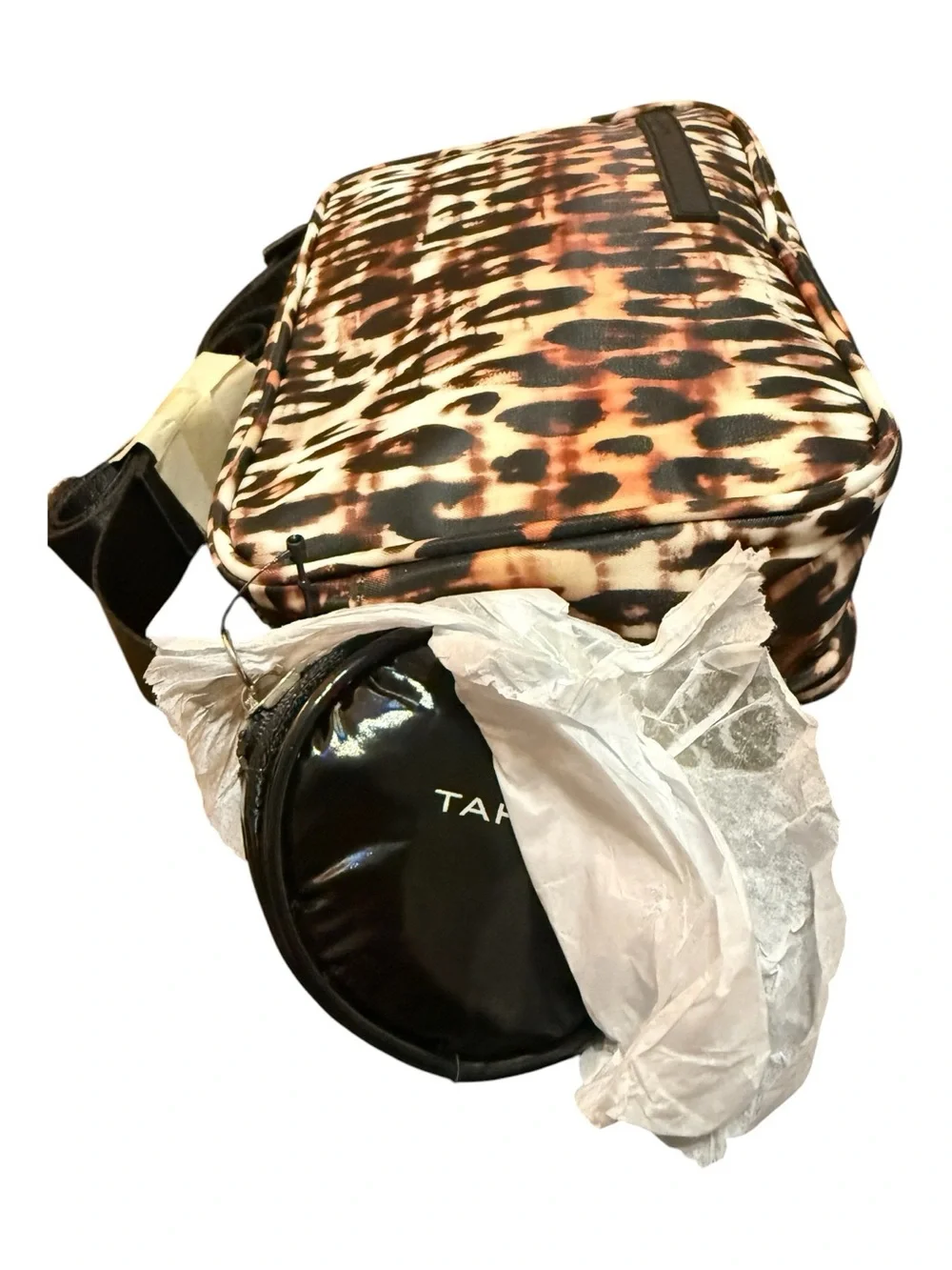Tahari Monroe Leopard Camera Crossbody Bag NWT w/ Black Round Coin Pouch